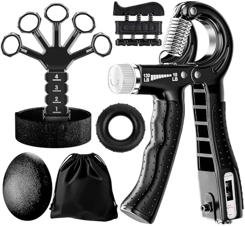 AURIVEE Musculation Main Kit, Hand Grip Musculation, Entraîneur de Doigts - Set 6 Pièces avec Poignée Réglable, Entraîneur de Doigts, Entraîneur Cinq Doigts, Anneau & Balle Anti-Stress avec Sac Portat