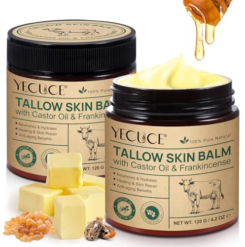 Balsamo per la pelle con sego, olio di ricino e olio di incenso 2 confezioni, cura della pelle con sego di manzo 100% alimentato con erba, idratante per viso e corpo per tutti i tipi di pelle