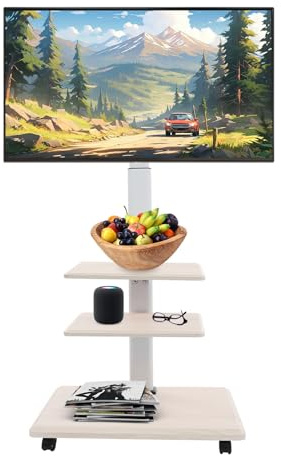 TV-stativ rullbar för 32–70 tums tv, justerbar höjd mobil TV-vagn upp till 45 kg, TV-stativ med hyllor för vardagsrum och kontor (vit)