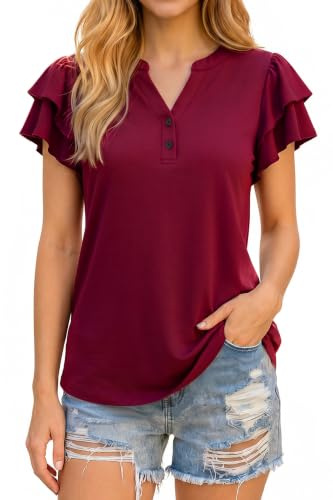 Enmain Rosso Estive Blusa Donna con Scollo a V e Volant a Maniche Corte Elegante Ufficio Maglietta con Bottoni XXL