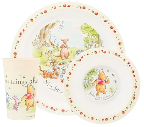 Disney Winnie the Pooh on a Picnic - Juego de vajilla infantil de polipropileno de 3 piezas, incluye plato, cuenco y vaso con Winnie the Pooh y sus amigos, apto para microondas y lavavajillas, para