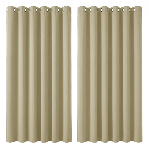 Deconovo Super Soft Room Darkening Curtains Thermal Insulated Eyelet Curtains for Bedroom 90 x 90 Inch Beige 2 Panels
