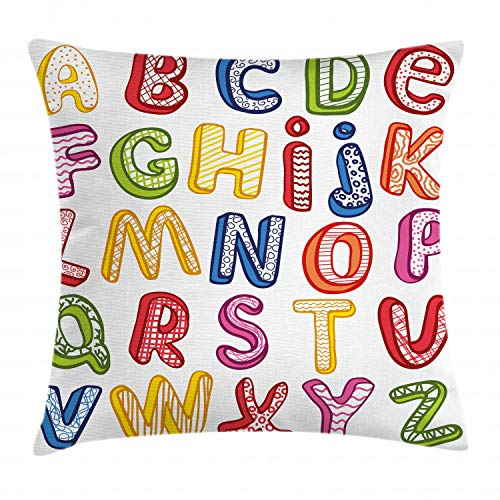 ABAKUHAUS Educativo Funda para Almohadón, 3D Letras ABC, Decorativo, Estampado en Ambos Lados, 40 x 40 cm, Blanco Multicolor