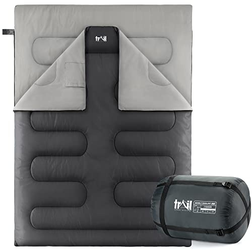 Trail Double Sleeping Bag For Adults, Envelope 2 Season Summer Spring Autumn 250gsm, Outdoor Camping, Lightweight Carry Bag, Storage Pockets, 200cm x 150cm