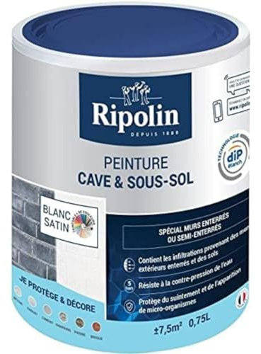 RIPOLIN - Peinture Cave & Sous-sol Intérieur - Résiste à la contre-pression de l'eau - Anti-Suintement & Anti-Moisissures - Microporeuse - Anti-infiltrations - Lessivable - Satin - 0,75L - Blanc