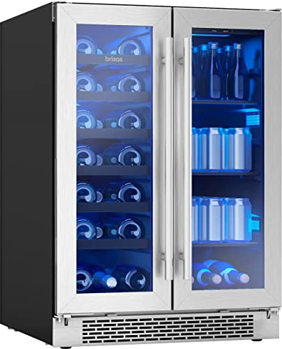 Zephyr Brisas 24 Inch Wine Fridge Dual Zone Under Counter Countertop Wine and Beverage Cooler Cabinet Home Bar Drink Beer Freestanding Refrigerator with French Door 21 Bottles 64 cans