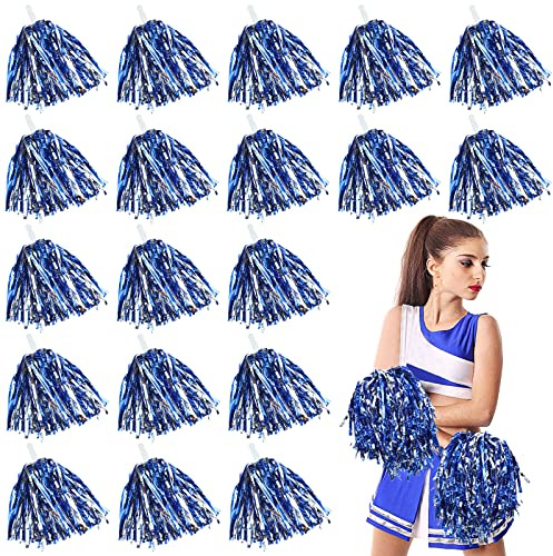 100 Pack Cheerleading Pom Pom Bulk Football Game Cheerleader Pompoms Plastic Cheering Hand Flowers with Handle for Sports Dance Match Team Cheerleading Squad(Blue and Silver)