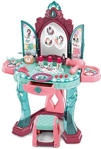 BAKAJI Specchiera Toeletta per Bambine con Sensore di Apertura Porte Set Bellezza Make Up Mobile con Sgabello e Accessori Realistici Gioco con Luci e Suoni con Cassetto Contenitore Sicuro Robusto