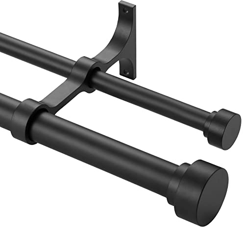 Heavy Duty Double Curtain Rods with Cylindrical Cap Finials - 72 to 144' Telescoping Rods, 1 Inch Diameter Front, 5/8 Inch Diameter Back - Matte Black