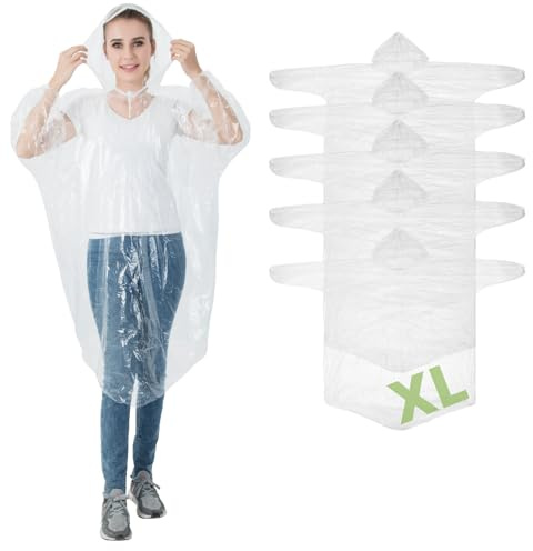 Igoera®️ Poncho pluie jetable XL, imperméable et transparent. Cape de pluie à capuche pour festivals, concerts, randonnées, vélo, camping, extérieur. Lot de 5