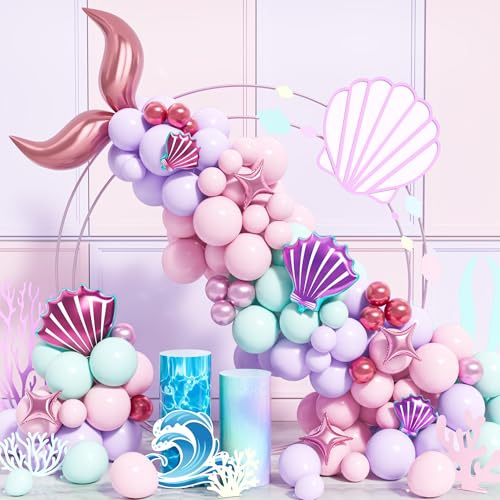 Mermaid Balloon Arch Garland Kit, 120 Pcs Pastel Pink Purple Teal Latex Metallic Balloons with Mermaid Tail Shell Star Foil Balloons for Girls Princess Little Mermaid Theme Birthday Party Decoration