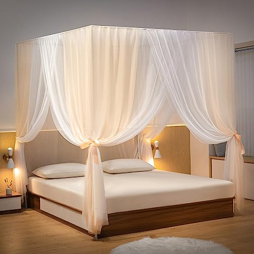 Beyeutao Princess Bed Canopy Frame - Gold White Mosquito Net Super King Size, Indoor/Outdoor Play Tents, Four Poster Bed Curtain