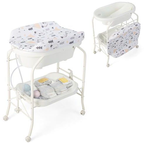 COSTWAY 4 in 1 Baby Changing Table, Folding Infant Nursery Station with Bath Tub, 4 Universal Wheels, PVC Pad and Storage Tray, Portable Newborn Massage Tables Diaper Organizer