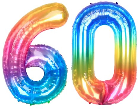 Ponmoo 40 inches Foil Balloons Numbers 60 Neon Rainbow (101cm), Inflatable Helium or Air, Giant Balloon Number 0-9, 10-29, 30-100, Grand Balloons for Anniversary Wedding Birthday Party Decoration