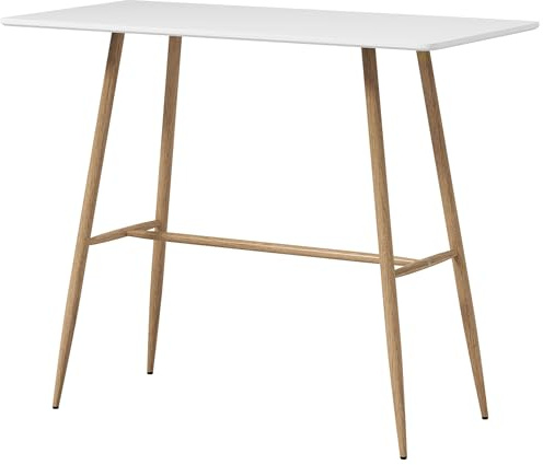 HOMCOM Table de Bar rectangulaire pour 4 Personnes, Table Haute avec Pieds en Acier Effet Bois, Table Bistro Facile à Monter, pour Bar à Domicile, Salle à Manger, 118 x 58 x 98 cm, Blanc