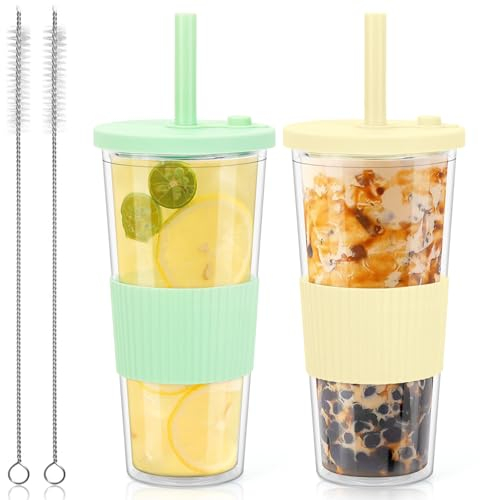2 vasos de 710 ml con tapa y pajita, vasos de té de burbujas con pajita, vasos de plástico aislados de doble pared, vasos reutilizables para café, zumos de café, tazas para llevar (beige + verde