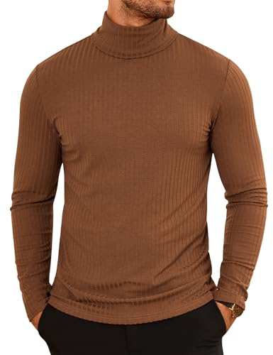 COOFANDY Maglione a Collo Alto Uomo Camicia a Maniche Lunghe T-Shirt Leggera Pullover Slim Fit Marrone XL
