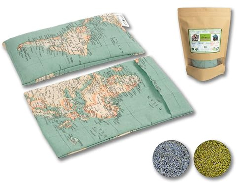 TERMOSAK Cuscini termici naturali con semi di soia verde e lavanda, 23x14, fodera lavabile, cuscino termico microonde/freezer, impacco caldo/freddo, molto resistente. (04 - Mondo, 23x14+Fodera)