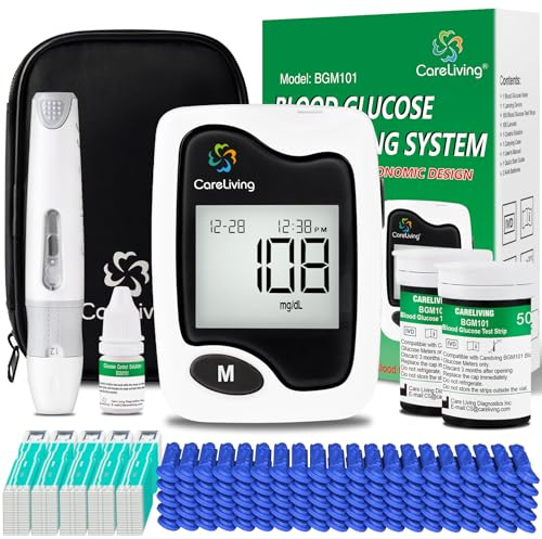CareLiving BGM101 Blood Glucose Monitor Kit, 100 Test Strips, 100 Lancets, 1 Blood Glucose Meter, 1 Lancing Device, Diabetes Testing Kit, Portable Blood Sugar Test Kit, Glucometer Kit for Home, black