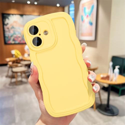 UEEBAI Wave Frame Case for iPhone 16, Cute Wave Frame Slim Fit Shockproof Phone Bumper Cover Soft Pretty Curly Wavy Case Anti-Scratch TPU Case - Yellow