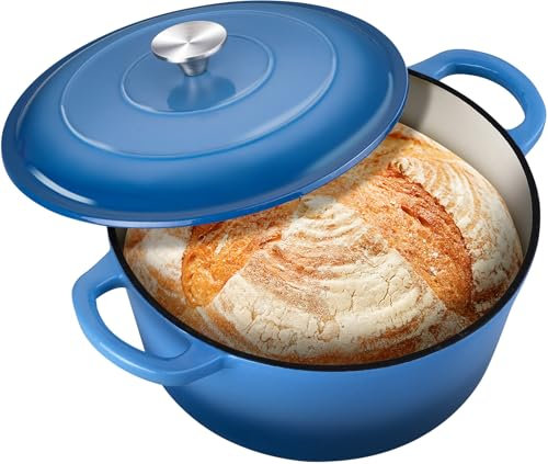 Leonyo - Horno holandés redondo de 6 cuartos con tapa, horno holandés de hierro fundido esmaltado de 6 cuartos para hornear pan de masa madre, utensilios de cocina resistentes para estofar, guisos,