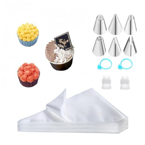 Zhenghebuy Piping Bags and Nozzles Set,100 Pcs Clear Disposable Piping Bags with 6 Nozzles,2 Couplers,2 Bag Ties,Baking Piping Kit for DIY Cake