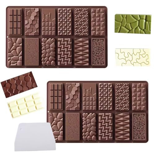 YQBFTC 2 Stück Silikon Schokoladenform mit Schaber,Schokoladenform Silikon Tief,Dubai Schokoladentafel Form,Silikonform Schokoladentafel Extra Tief Schokolade für Schokolade Praline Süßigkeiten(C)