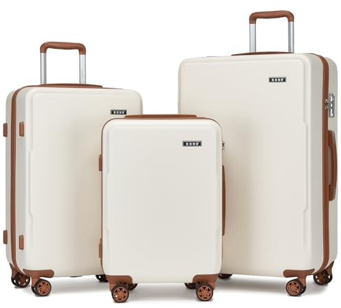 KONO Kofferset 3 Teilig Hartschale Leicht ABS+PC Koffer Handgepäck/Mittelgroß/Groß Reisekofferset mit TSA Schloss und 4 Rollen, Weiß/Braun