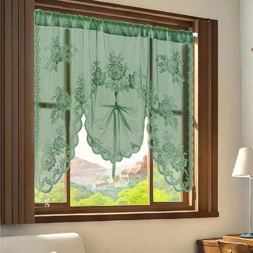 KnBoB Transparent bistrogardin (100 x 150 cm) – blommor och blad, broderi spets voile, M-båge, stånggenomföring, polyester, grön – för kök/vardagsrum
