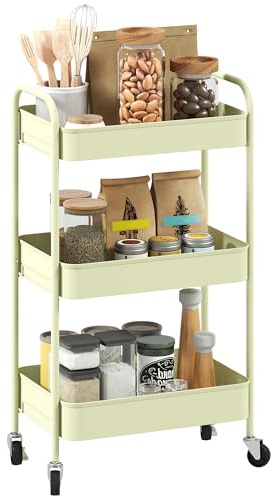 HOMCOM 3-tier Storage Trolley on Wheels, Metal Kitchen Trolley, Rolling Utility Cart with 3 Mesh Baskets for Books, Beauty Supplies, Crafts, Bathroom, Kitchen, Office, Green