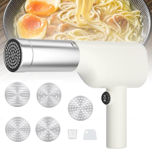 Tragbare Nudelmaschine Elektrisch,Handheld Electric Pasta Maker,Wiederaufladbare Elektrisch 40W Handnudelmaschine Portable Noodle Maker with 6 Pasta Discs and Measuring Cup