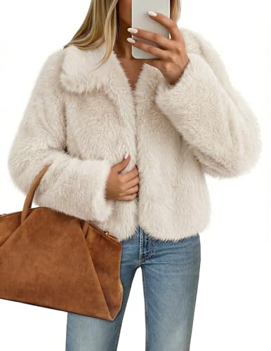 MEROKEETY Women's 2025 Winter Coats Furry Faux Fur Jackets Long Sleeve Coat Trendy Warm Outerwear with Pockets, Apricot, Small