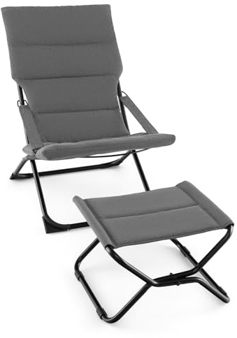 GYMAX Chaise de Terrasse Pliante avec Repose-Pied et Coussin Amovible | Fauteuil Inclinable avec Repose-pied, Cadre en Métal, Ensemble de Chaises d'Extérieur pour Jardin, Bord de Piscine, Gris