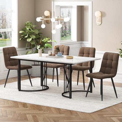 Aunvla Matgrupp (5 TLG), matbord med 4 stolar, modernt köksbordsset, 140 × 80 cm köksbord med svarta metallben, MDF-bordsskiva i vitt, brunt sammet matstolar