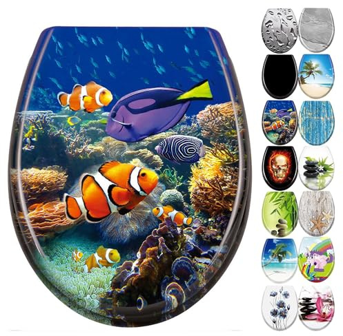 YZNAHRE WC-Sitz Toilettendeckel mit Soft-Close, Duroplast & Edelstahl, Antistatisch & Antibakteriell, Abnehmbar, Leicht zu Reinigen, 45x38 cm, Passend für Hänge-WC, Bunte Fische
