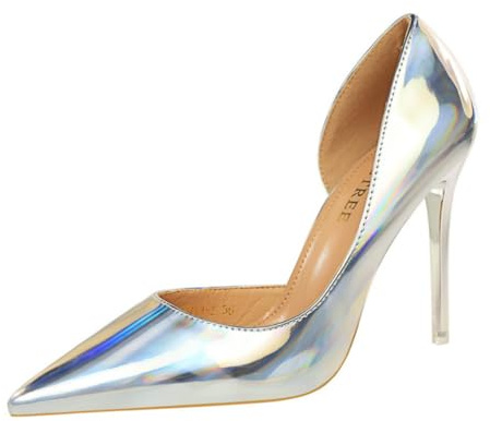 Escarpins à bout fermé pour femme - 10,5 cm - Stiletto - Découpe latérale - Pour bureau, mariage - Chaussures de danse scintillantes, argenté, 34 EU