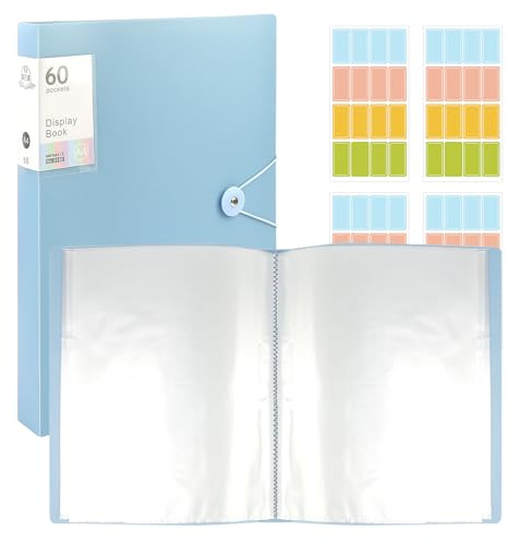 2 Pcs A4 Display Folders with 4 Stickers, 60 Pockets Certificate Folder with Plastic Sleeves & Elastic Buckle, Display Book Folders for School, Office & Business Use (Blue)