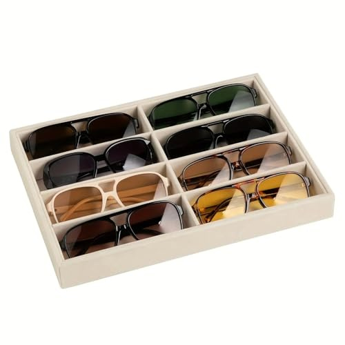 Lansls Organizador De Gafas 8 Rejillas, Bandeja De Exhibición En Terciopelo, Caja Apilable y Versátil Para Gafas De Sol, Relojes y Joyas, Ideal Para Hombres y Mujeres (Beige)
