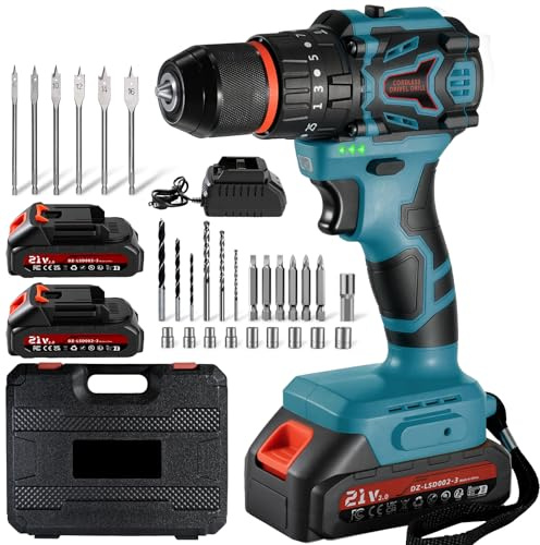 Trapano avvitatore a batteria brushless, trapano a percussione 21V, 70 Nm,con 2 2,0 Ah batterie, 25+3 impostazioni di coppia, 2 velocità, luce LED, avvitatore elettrico Ideale per forare e avvitare