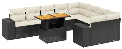 GeenYuu Juego de 10 muebles de jardín con cojines de polirratán negro resistente a la intemperie, juego de muebles de jardín para terraza, balcón, mesa y grupo de asientos de ratán, madera y metal