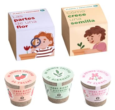 Pack 5 Kits de Cultivo Educativos STEM y Montessori | Las Partes de una Flor, Cómo Crece una Semilla, Fresa, Albahaca y Flores | Regalo Didáctico para Niños | Resetea