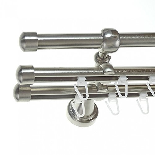 BASIT Rohr + 2X Innenlauf Gardinenstange Wandmontage 3 läufig 320cm lang Edelstahl Look Metall Gardinenstange 3 läufig Wandbefestigung Ø16mm I H14 RII
