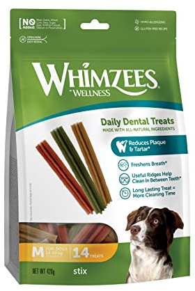 WHIMZEES Stix, Kaustangen für mittelgroße Hunde, Hundesnack zur Zahnpflege, Größe M, 14 Stück, ohne Zuckerzusatz, getreidefrei, natürlich, fettarm