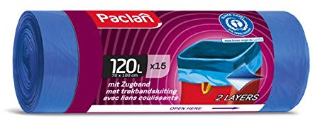 Paclan - Sacchetti per la spazzatura con laccetto, 15 x 120 l, con certificato Blauer Engel, 15 pezzi