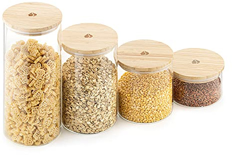 Navaris Set 4X Barattoli Vetro e bambù - Contenitori 1000ml per Conservazione Alimenti - Barattolo in Vetro e Tappo in Legno con Chiusura in Silicone