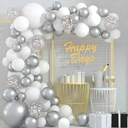 FEPITO 108 Pcs White Silver Balloon Garland Arch Kit 5 10 12 18 Inches Pastel White Silver Confetti Balloons for Birthday Wedding Bridal Showers Baby Shower Party Decorations