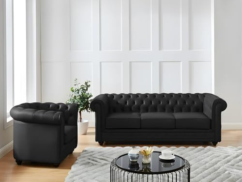 Vente-unique - Canapé 3 Places et Fauteuil en Cuir de Buffle Chesterfield - Noir