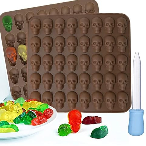 ysister Moules à Bonbons en Silicone,2 Pack Moule Tête de Mort en Silicone avec 40 Cavités Moule,Halloween Bonbons Moules avec 1 Compte-Gouttes Pour chocolats, bonbons, gelées, pralines, glaçons