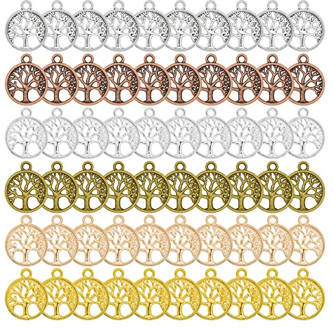 Skyzone Tree of Life Connector Charms for Jewellery Making,60 pieces Assorted Colour Metal Life Tree Pendant Flat Round Charm for DIY Crafting Making Necklace Bracelet Earring Decoration