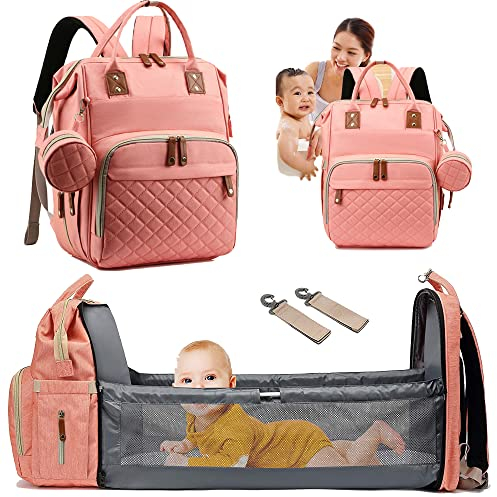 Fexkean Sac à Dos à Langer pour Bébé, Sac à Dos Pour lit bébé, Sac à langer de voyage portable avec lit pliable Grande Capacité Sac à Couches Multifonction Imperméable-(Rose)